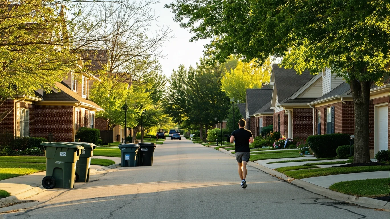 A jogger runs past red-brick homes with garbage bins lined up along the curb on a calm suburban street.