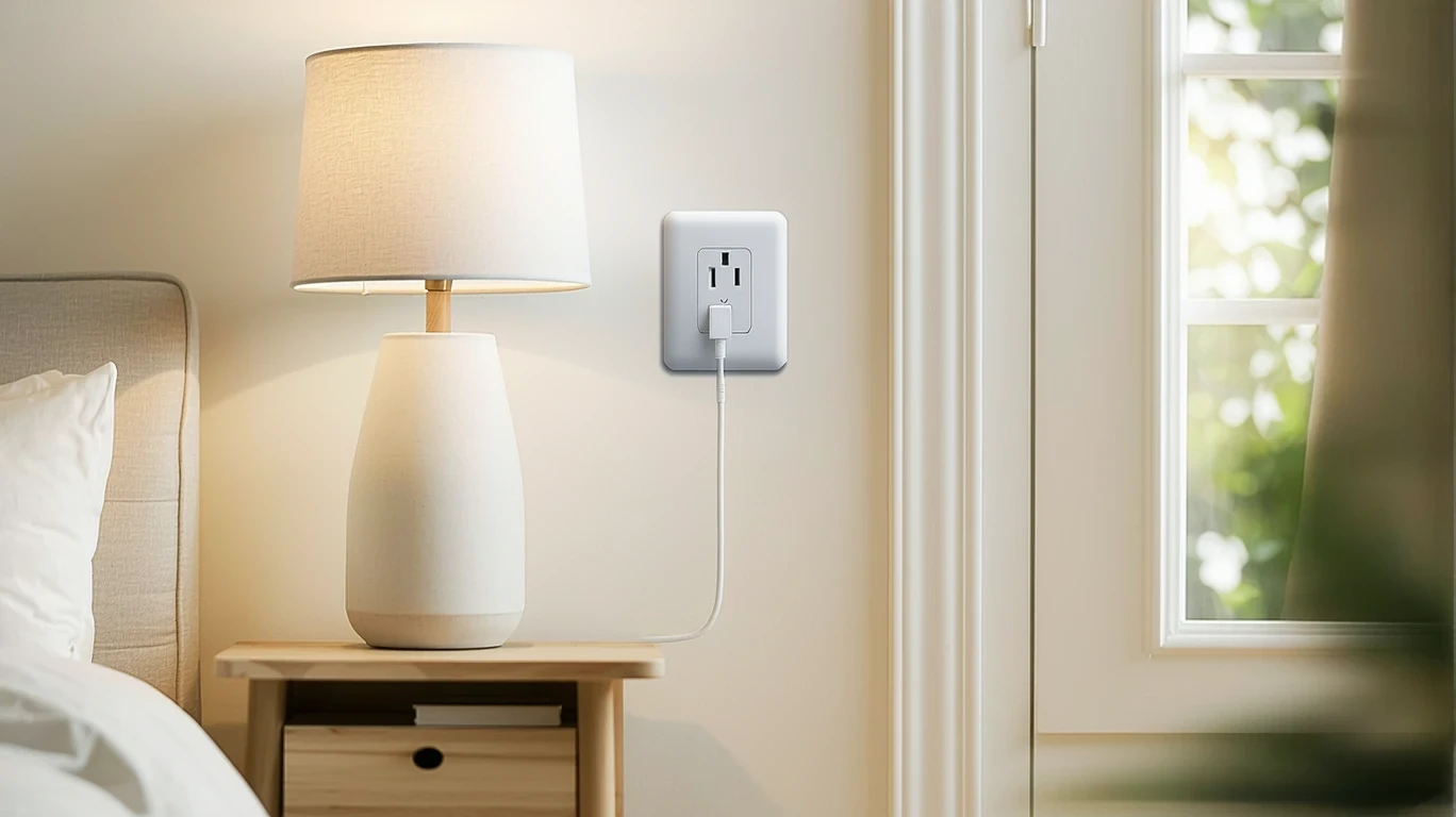 Smart plug and lamp connected to wall outlet in well-lit room.