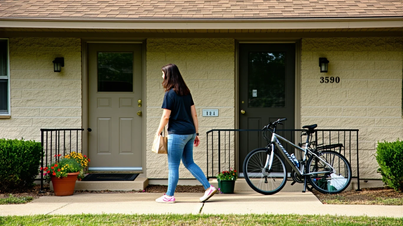 Apartment building with bikes near doorway on sunny day in Yukon, Oklahoma.