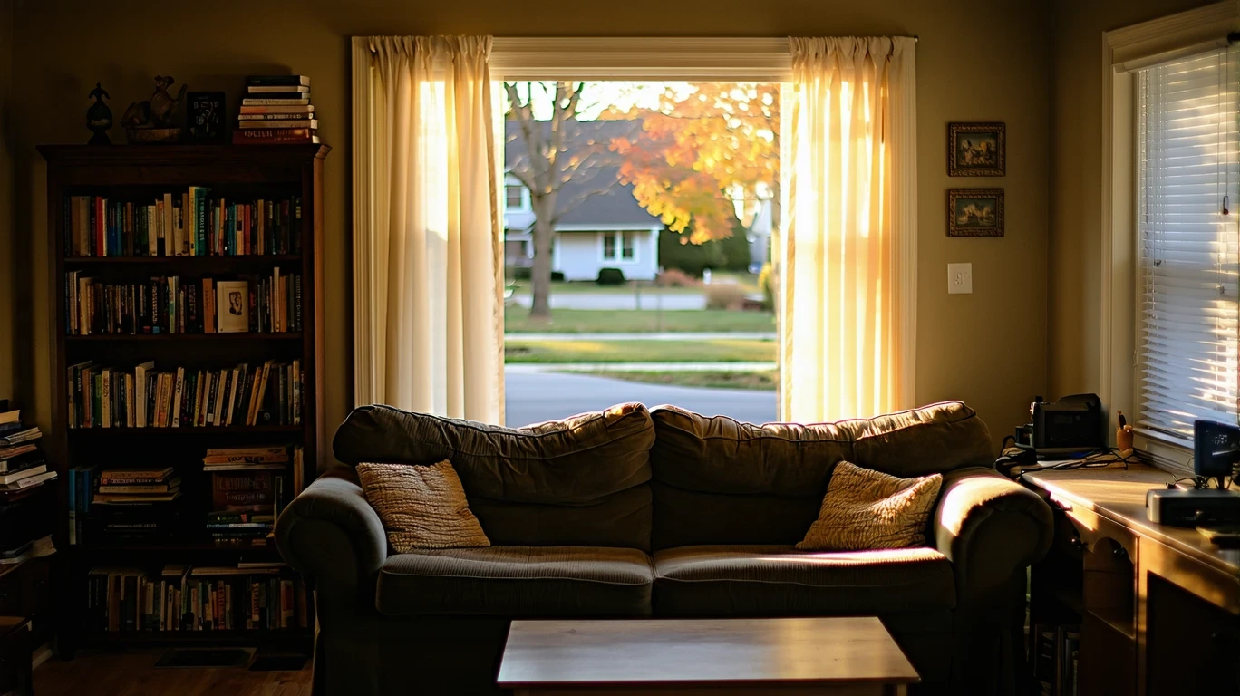 Sunlight filters into a cozy living room with a couch and bookshelf in a Yukon, Oklahoma home.