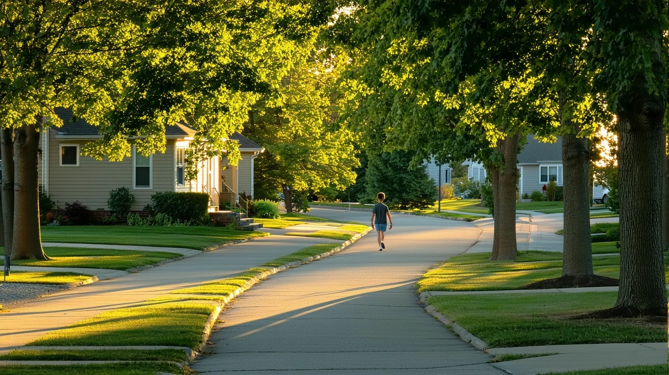 A tree-lined suburban sidewalk curves past traditional homes in the late afternoon.