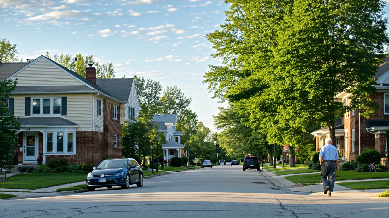 A tree-lined residential street corner in Zionsville, Indiana with an older parked car and a pedestrian walking on the sidewalk.
