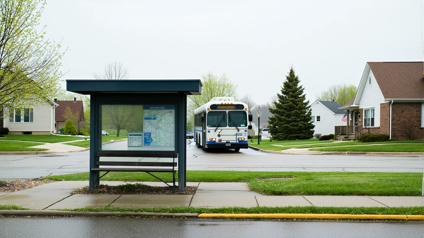 A suburban bus stop with a shuttle bus on an overcast day in Zionsville, Indiana.