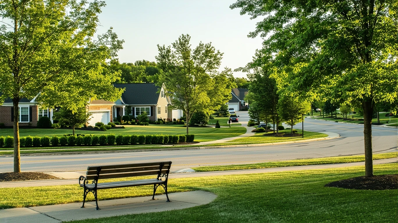 A grassy neighborhood park with a bench near a path, viewed from across a residential street lined with trees and homes.