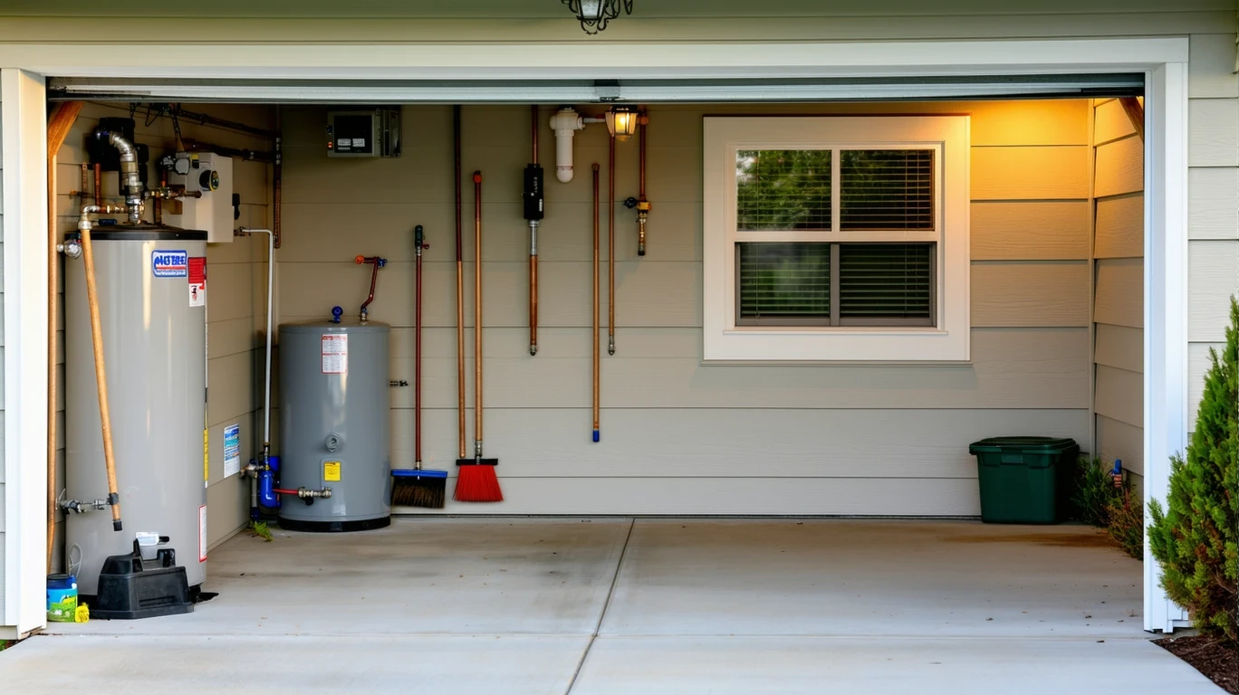 A tidy garage corner with a water heater, pipes, and cleaning supplies.