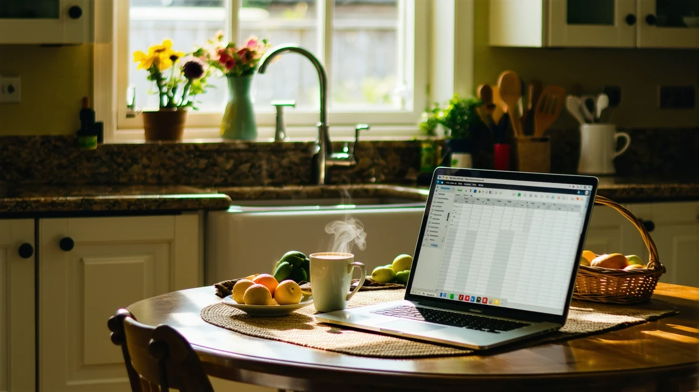 An open laptop showing a budgeting spreadsheet on a kitchen table with coffee.