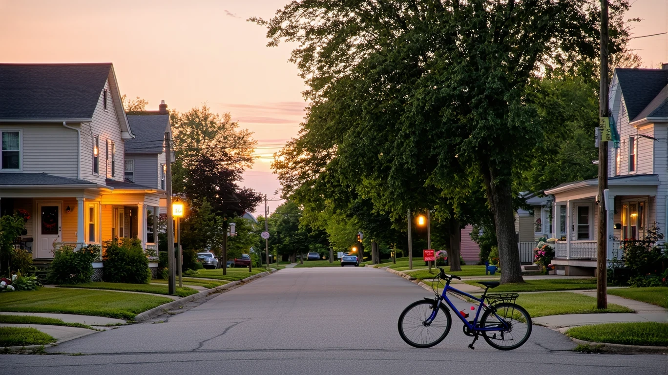 A quiet suburban cul-de-sac at dusk, with porch lights illuminating well-kept homes and a child's bicycle near the curb.