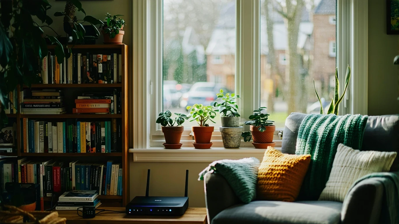 A bookshelf in a cozy apartment with a Wi-Fi router and modem nestled between books and decor.