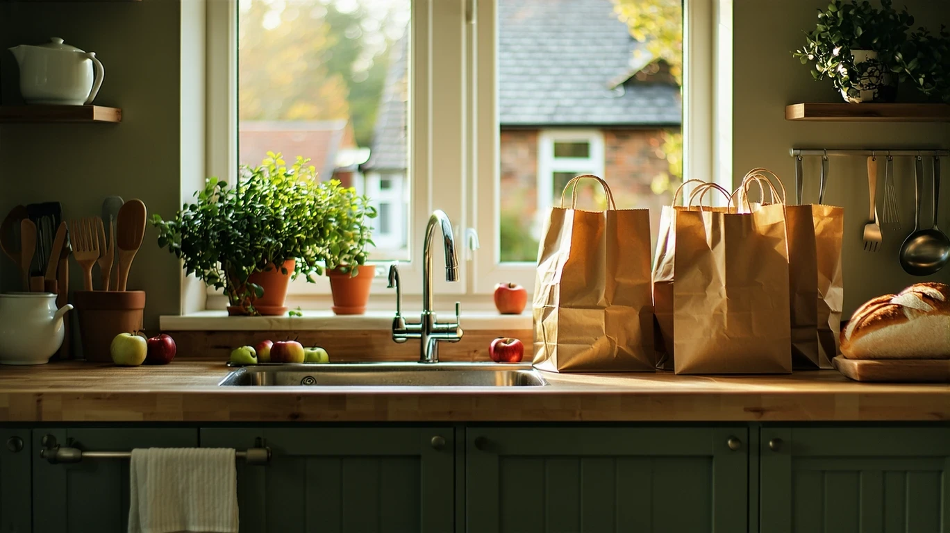 A person unpacking groceries on a kitchen counter in Zionsville, Indiana, with sunlight coming through the window.
