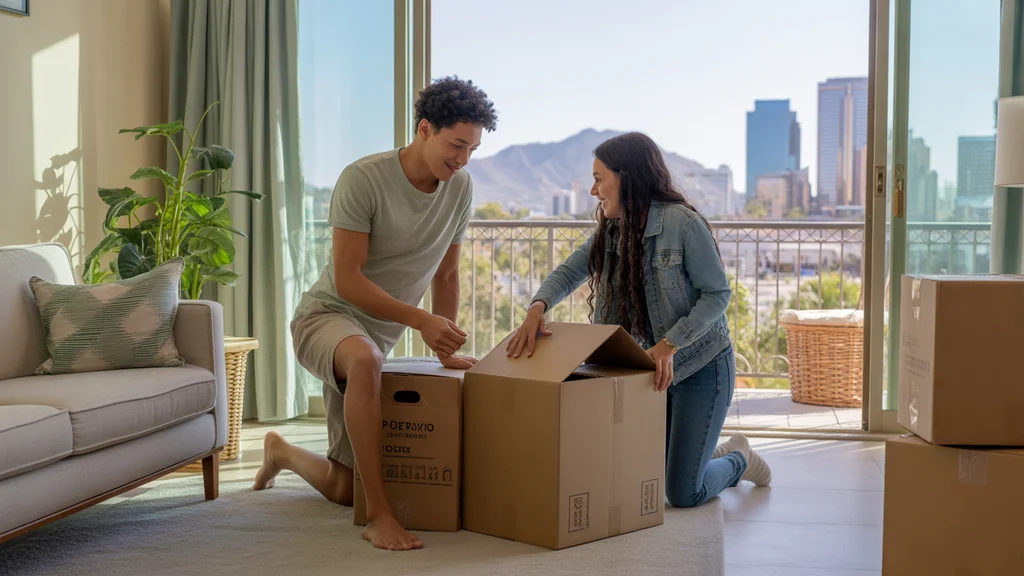 Couple unpacking after moving into a new apartment in Phoenix with city views
