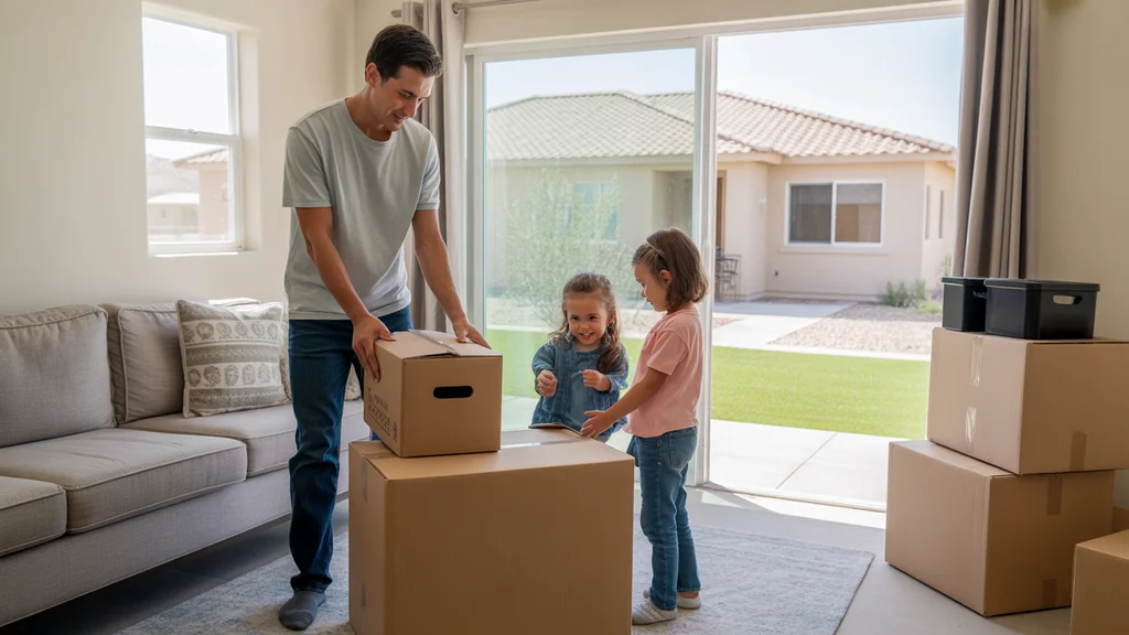 Family unpacking in their new Gilbert, AZ home on moving day