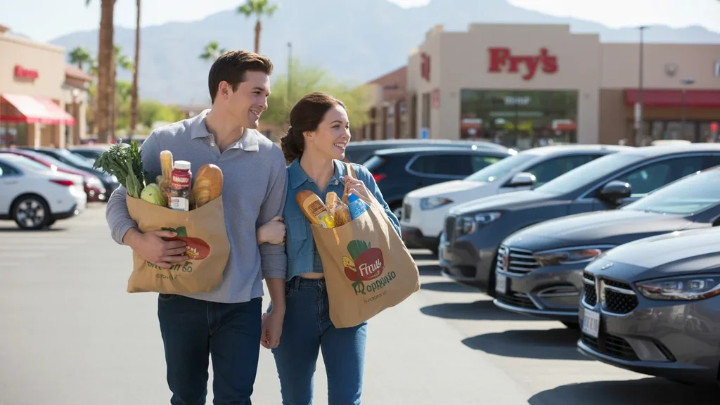 Couple leaving Fry's grocery store in Goodyear, Arizona carrying shopping bags