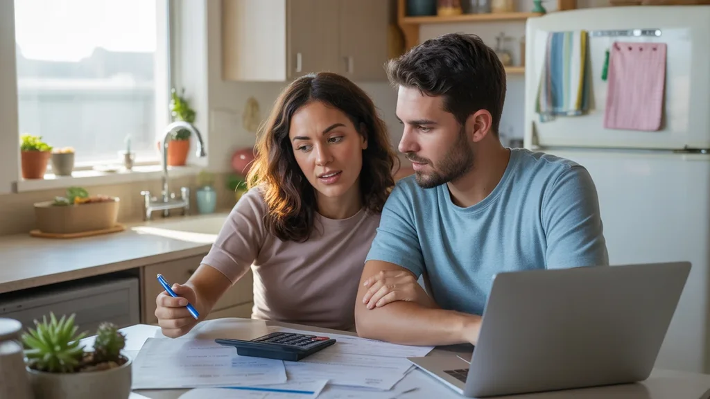 Couple reviewing monthly budget and expenses at kitchen table in Goodyear apartment