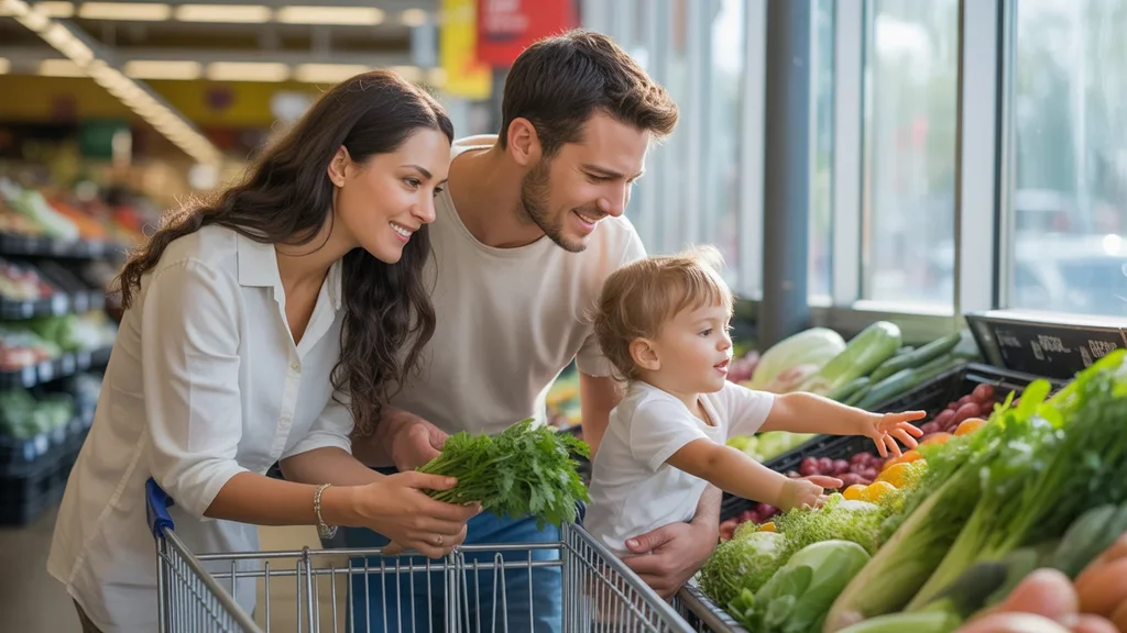Couple grocery shopping with toddler in Scottsdale, Arizona
