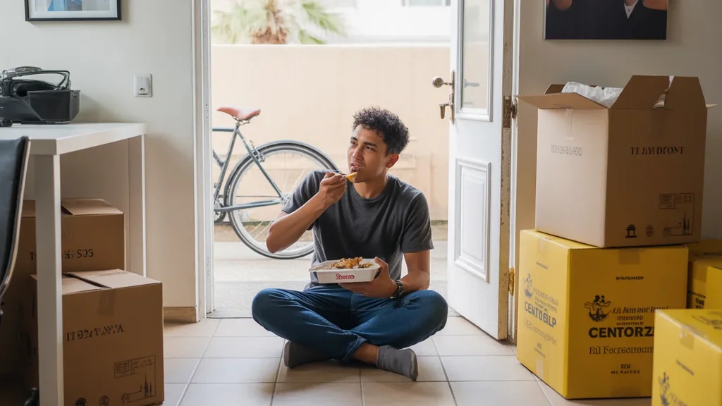 Man eating takeout on floor of Tempe apartment, surrounded by moving boxes