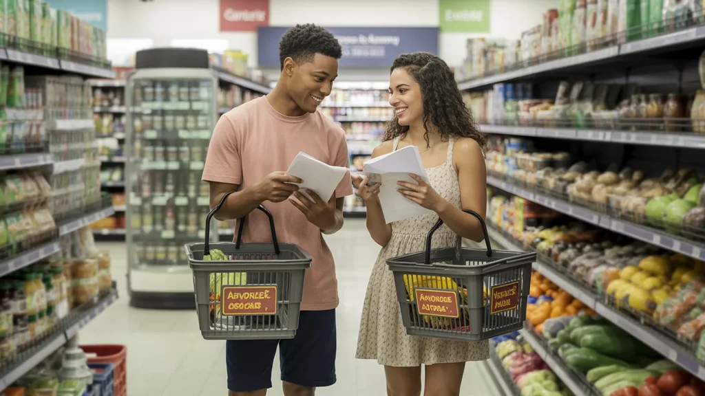 Two roommates smiling and comparing grocery lists in an Avondale, AZ supermarket aisle