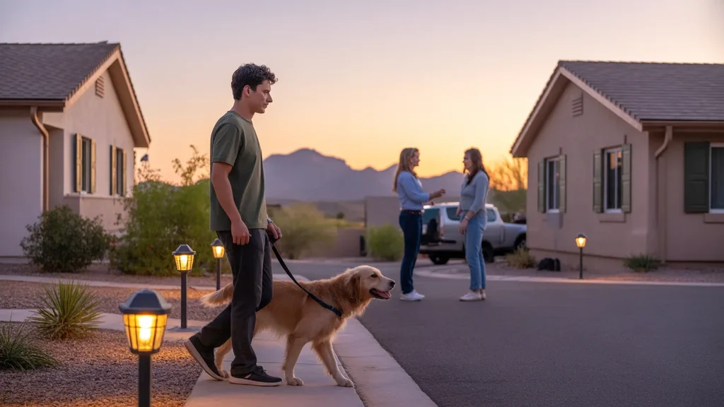 Man walks dog past xeriscaped homes in Apache Junction cul-de-sac at sunset