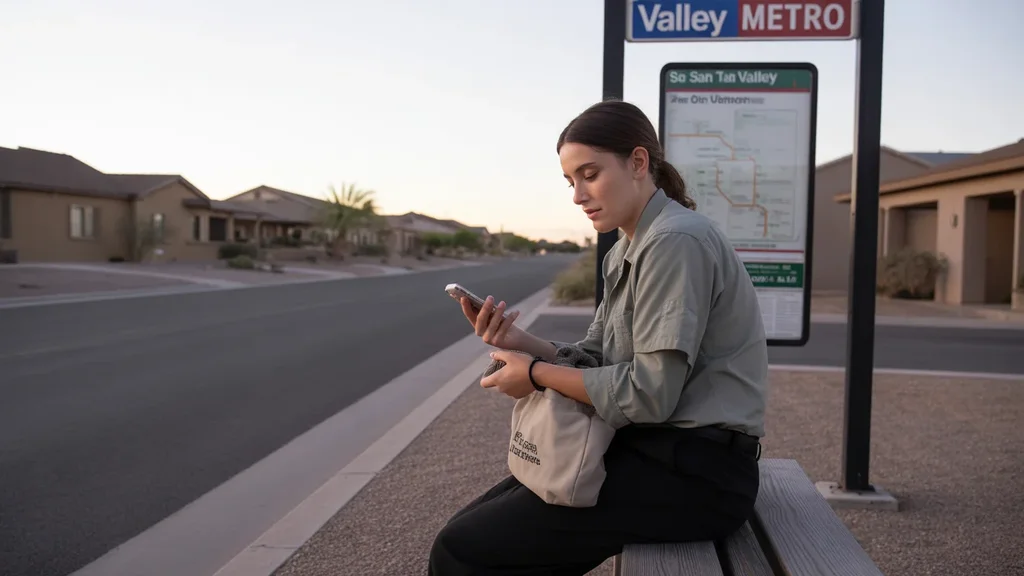 Woman waiting for bus at dusk in San Tan Valley, AZ neighborhood