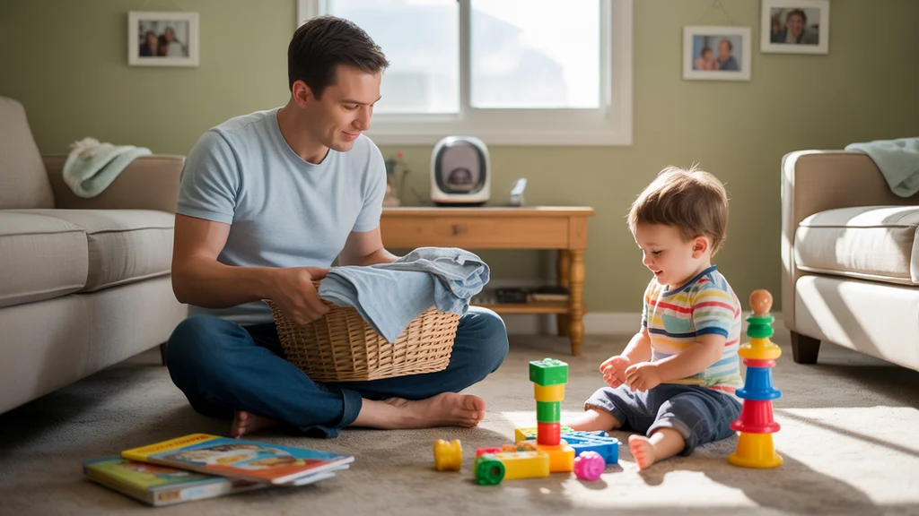 Father folding laundry while toddler son plays with blocks on living room floor of Phoenix home