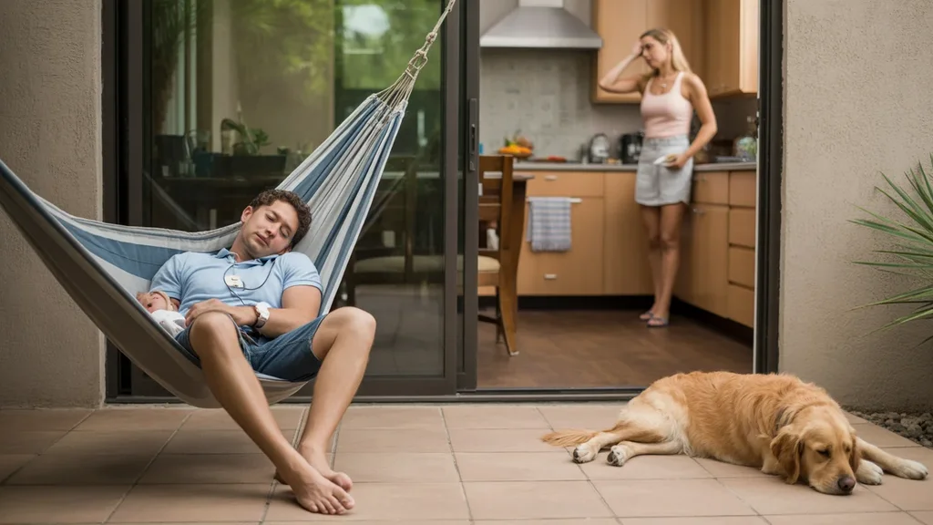 Father naps on shaded patio while wife cooks lunch inside Scottsdale home on hot summer day