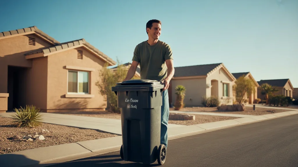 Man rolling garbage bin to curb in front of matching stucco homes in El Mirage, AZ neighborhood
