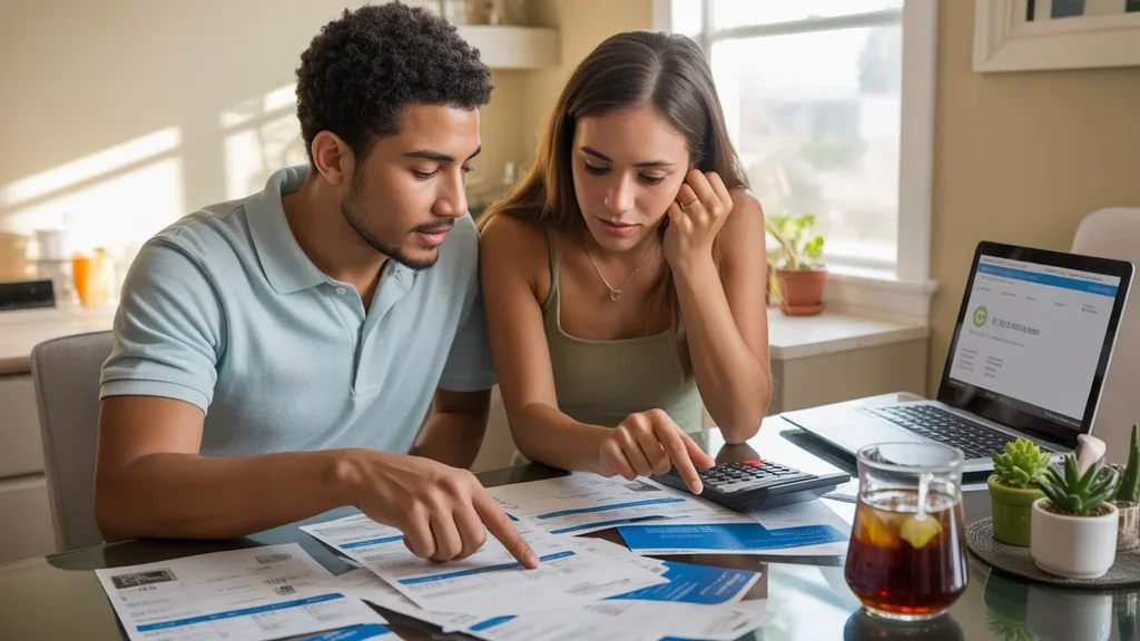 A couple reviews utility costs and apartment options at their kitchen table in Buckeye, Arizona.