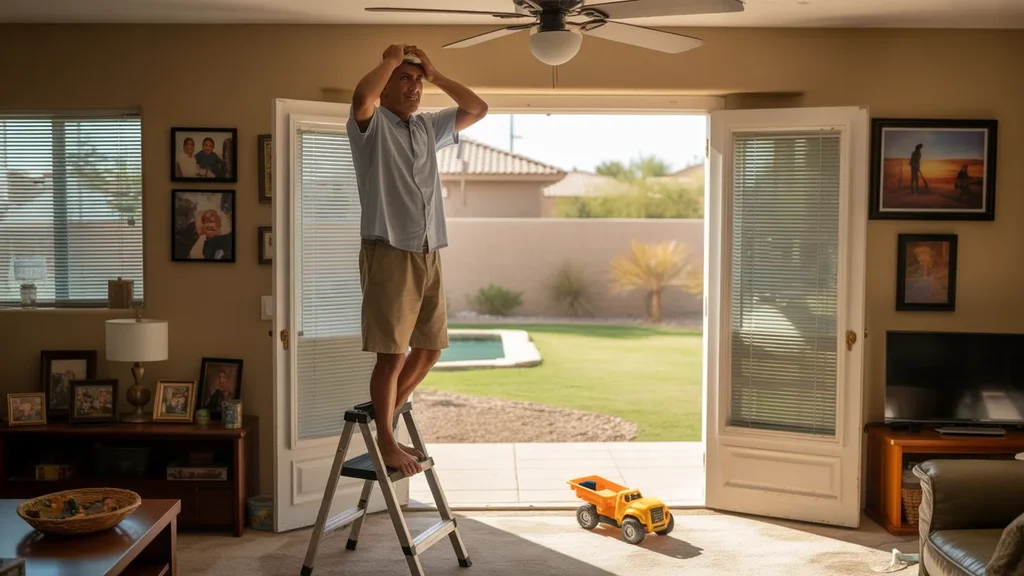 Dad adjusting ceiling fan in living room of Goodyear, AZ home on hot summer day