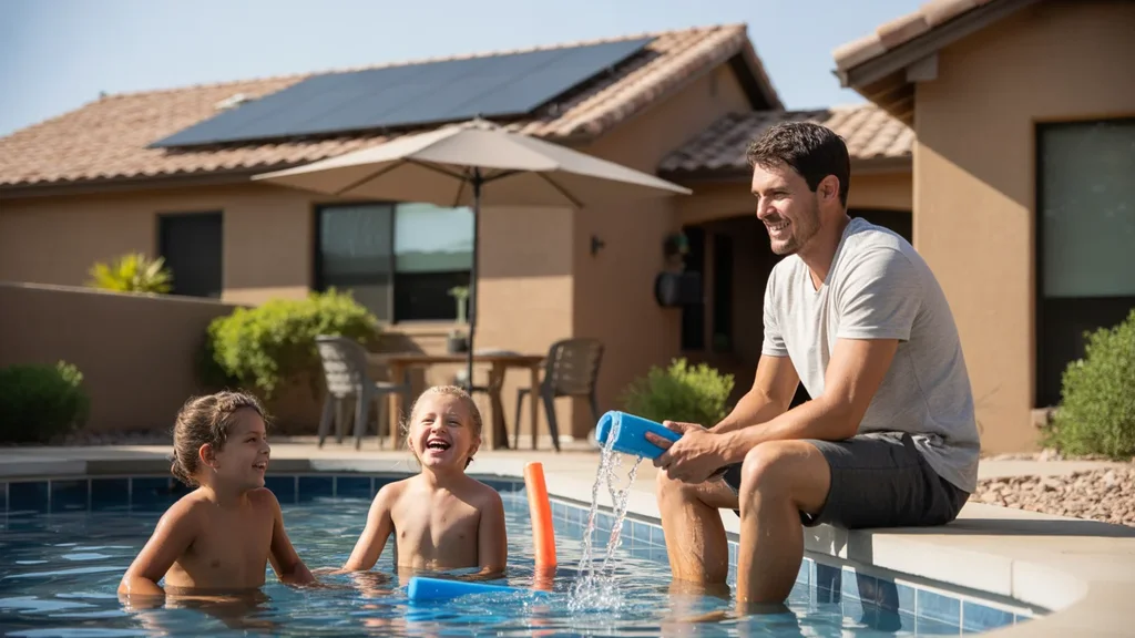 Father watching kids play in backyard pool in Chandler, AZ on hot summer day, thinking about energy costs