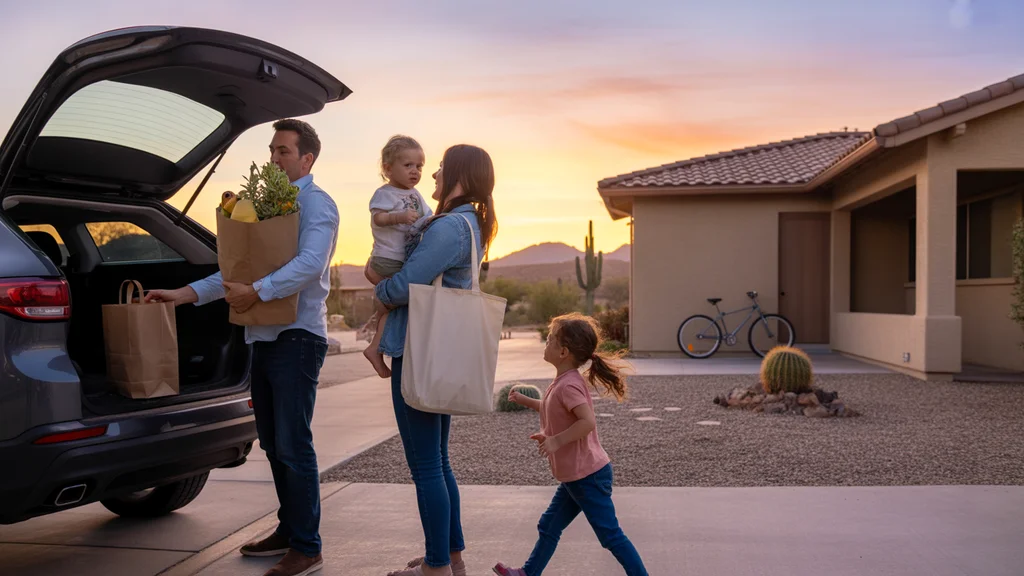 Family bringing in groceries at their Phoenix home at sunset