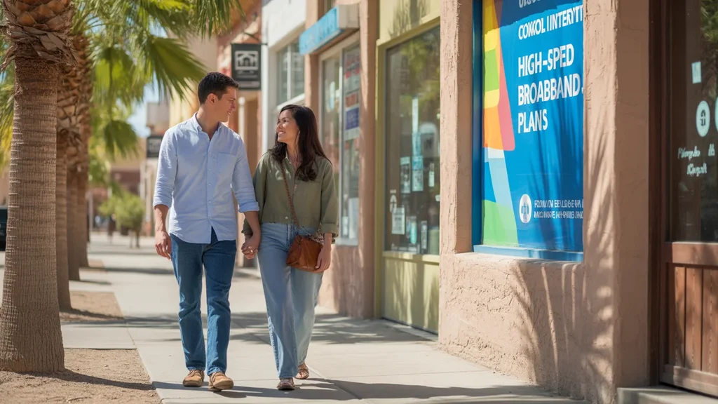 Couple walking past colorful broadband ad in Laveen, AZ neighborhood