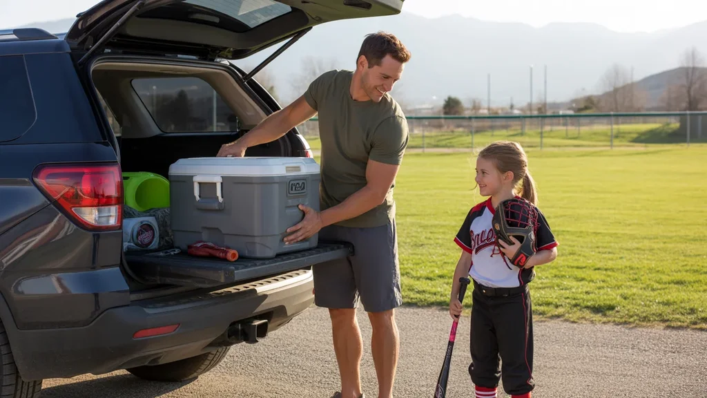 Father and daughter load sports gear into car at park in Buckeye, Arizona