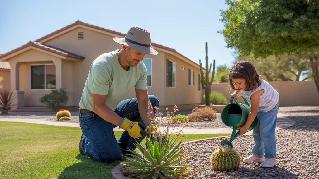 Man and daughter gardening in front yard of Scottsdale home at sunset