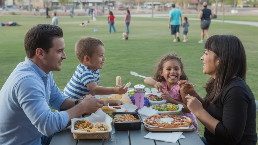 A family enjoys a picnic dinner at sunset in Pioneer Park, El Mirage, Arizona
