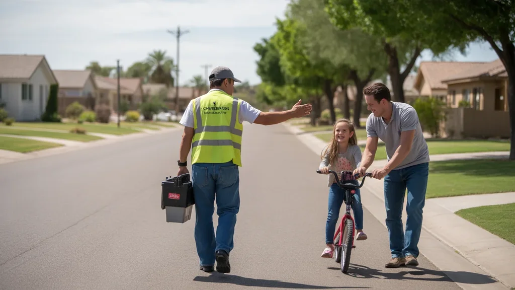 A utility worker waves to a father and daughter in their driveway on a sunny Chandler street