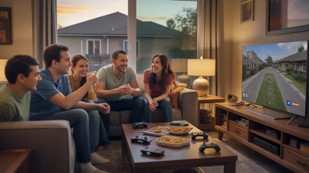 Friends enjoying game night in a cozy Gilbert living room, with game controllers and TV visible