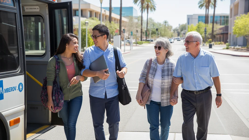 Commuters of various ages and ethnicities exit a Valley Metro bus near a college campus in Gilbert, AZ