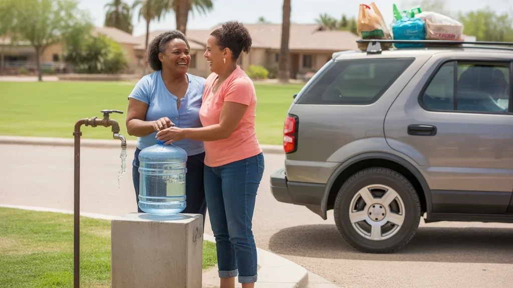 Two women friends filling water jugs and chatting at outdoor water station in Surprise, Arizona park