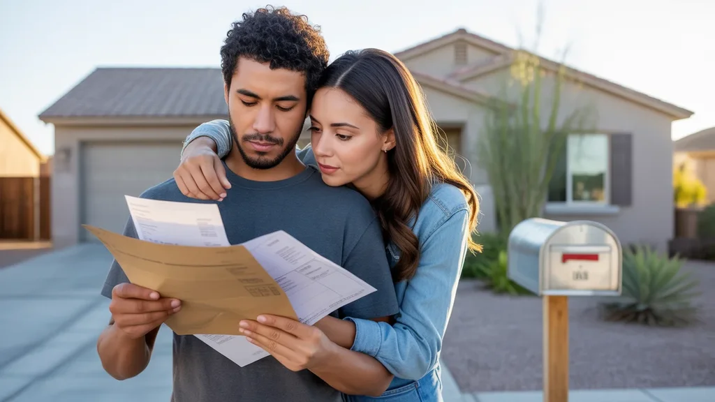 A couple reviews a utility bill outside their Laveen home at sunset.