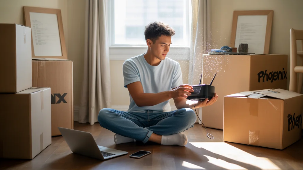 Man installing Wi-Fi router in new Phoenix apartment with moving boxes