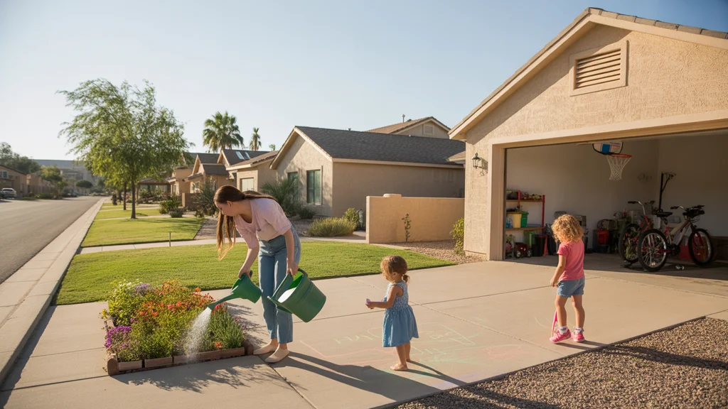 A mother waters her flower bed while her daughter plays with sidewalk chalk in front of their suburban home in Gilbert, Arizona.