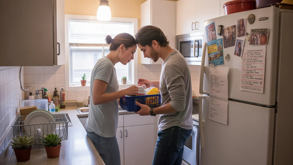 Two roommates checking their pantry inventory before grocery shopping in Gilbert, AZ apartment kitchen