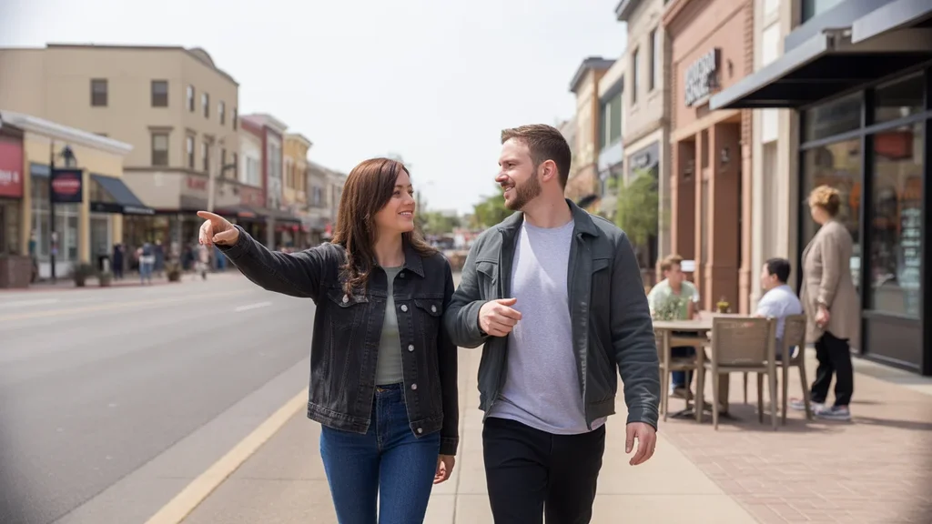 Friends exploring a walkable downtown street in Peoria, AZ