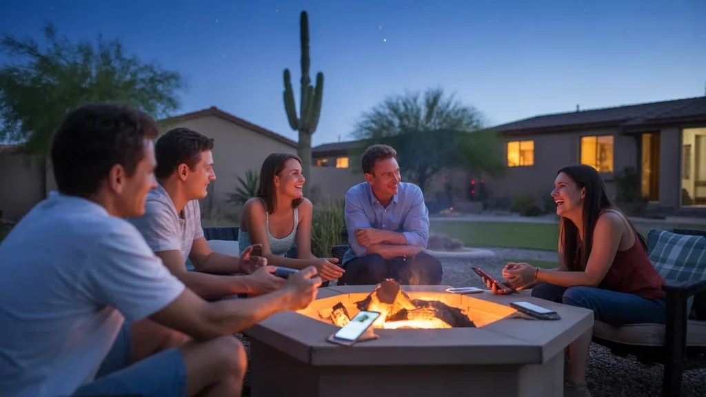 Friends relax by backyard firepit in El Mirage, AZ as night falls, with cell phones resting nearby