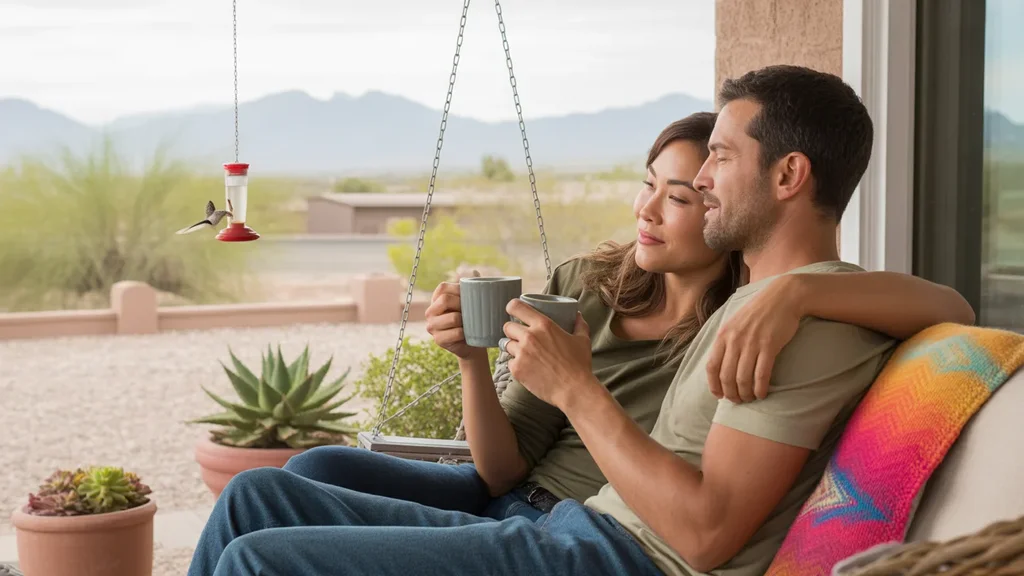 Couple enjoying peaceful morning together on porch swing in Maricopa, AZ