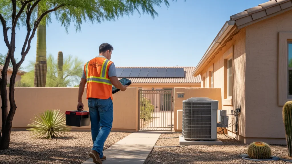 Technician walking to inspect outdoor AC units at a San Tan Valley home with solar panels