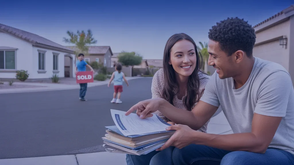 Couple reviewing paperwork in driveway of new home in Chandler Arizona subdivision