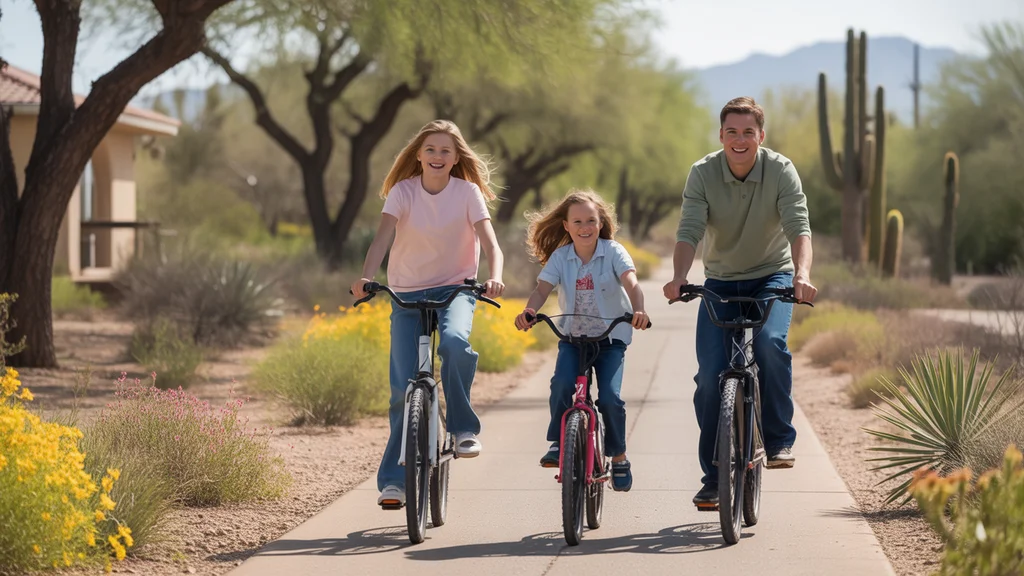 Family biking on a trail surrounded by desert plants in Gilbert, Arizona