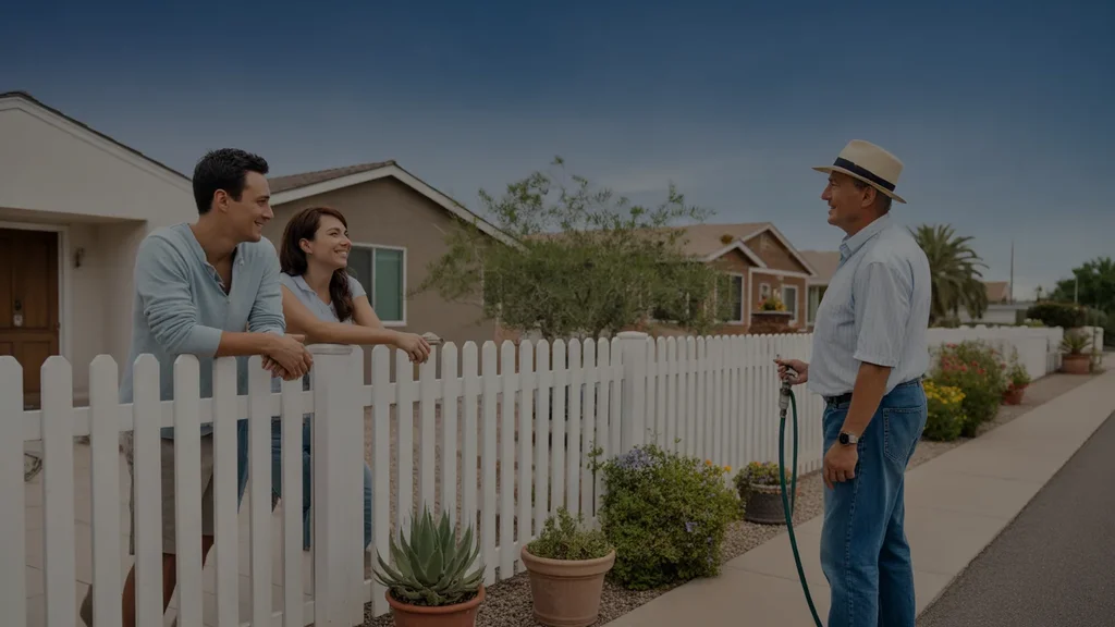 Couple chats with neighbor over fence in front of home in Surprise, AZ