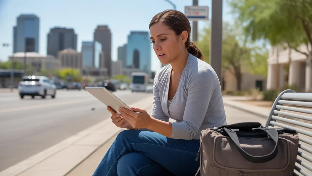 Woman checks Phoenix housing costs while waiting for the bus