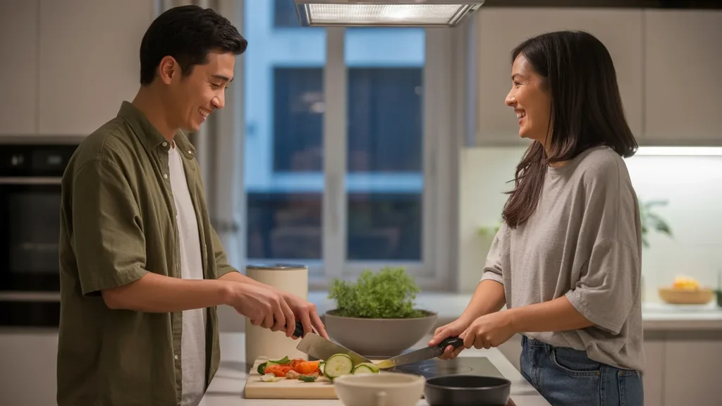 Couple cooking dinner together in their Tempe apartment kitchen